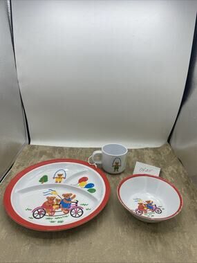 Vtg K & L Child's Red/White BEAR 3pc Dish Set Mug/Cup Bowl Plate